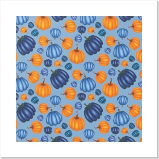 Pretty Orange & Blue Pumpkin Pattern on a Blue Background Posters and Art